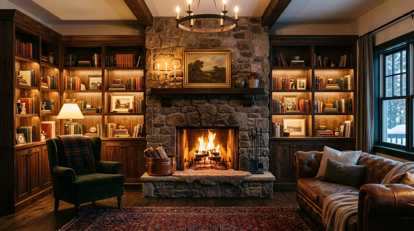 Keep open shelving lighter and more intentional inspiration for a living room with fireplace built-ins.